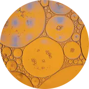 An abstract image displaying large and small overlapping circles resembling bubbles on a golden orange background.